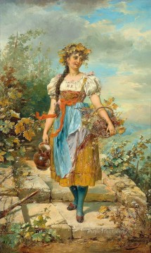 Mujer Painting - chica con cesta de uvas Hans Zatzka hermosa mujer dama